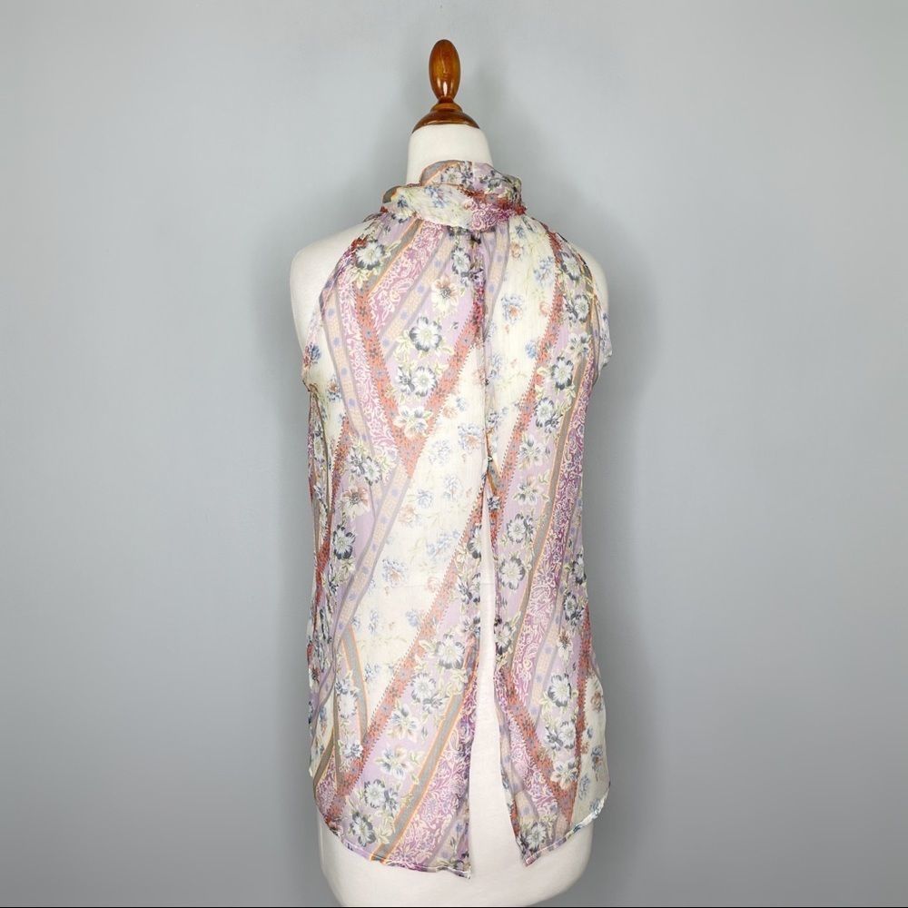 DREW Silk chiffon Multicolor Paisley Pussy Bow Tie Neck Snap Back Tank Size XS - Picture 5 of 10